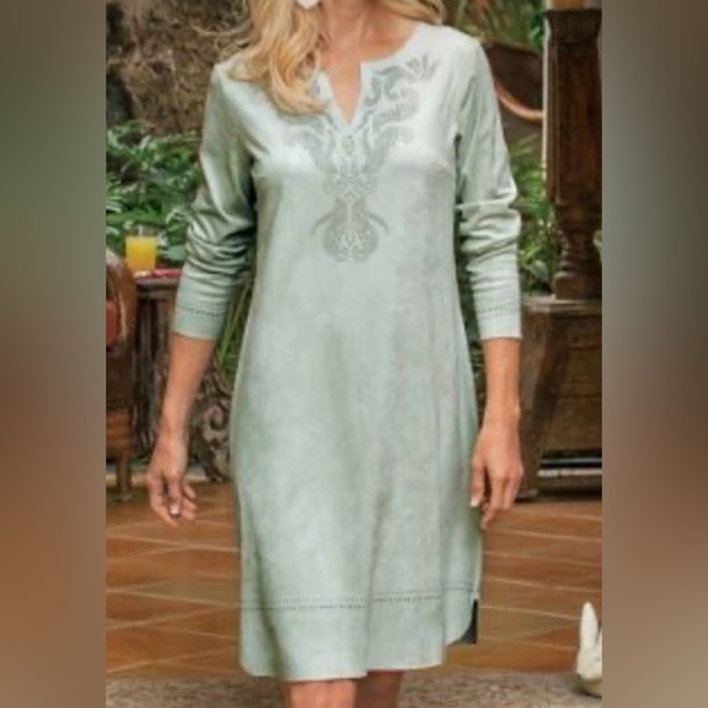 SOFT SURROUNDINGS Dress Mint Green Micro Fiber Navajo Aztec Beaded NWT Size 1X